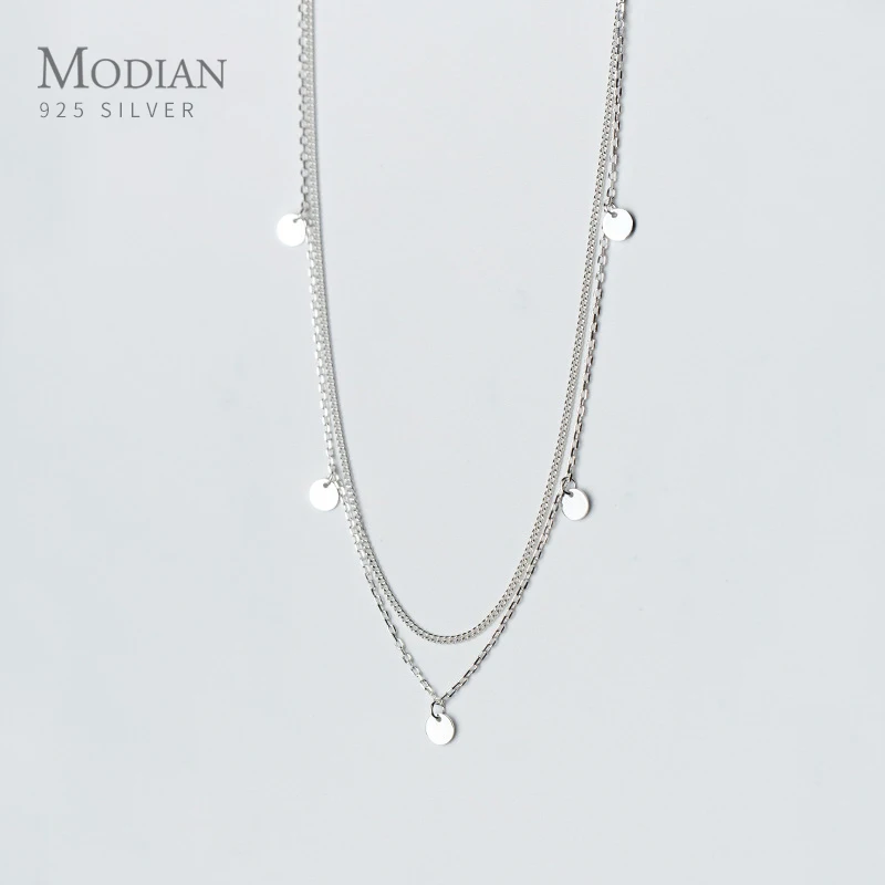 Modian Classic Genuine 925 Sterling Silver Double Layer Sequins Pendant Necklace for Women Adjustable Necklaces Fine Jewelry