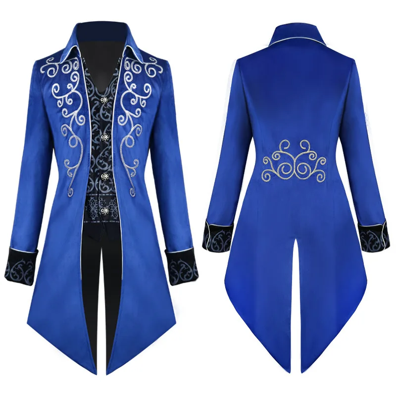 Medieval Cosplay Costume Men Corduroy Steampunk Jacket Coat Embroidery Gentlman Tailcoat Tails Winter Jacket Gothic Black Blue