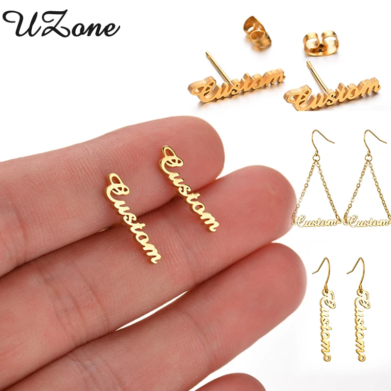 

UZone Hot Sale Custom Name Earrings for Women Personalized Stainless Steel Nameplate Stud Earriings Brinco Brithday Gifts