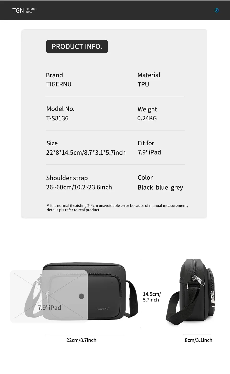 Tigernu Neue 0,2 KG Leichte Mode Männer Schulter Tasche Hohe Qualität Wasserdichte Männliche Mini Taschen Messenger Taschen Für Männer Für frauen – Detail 9