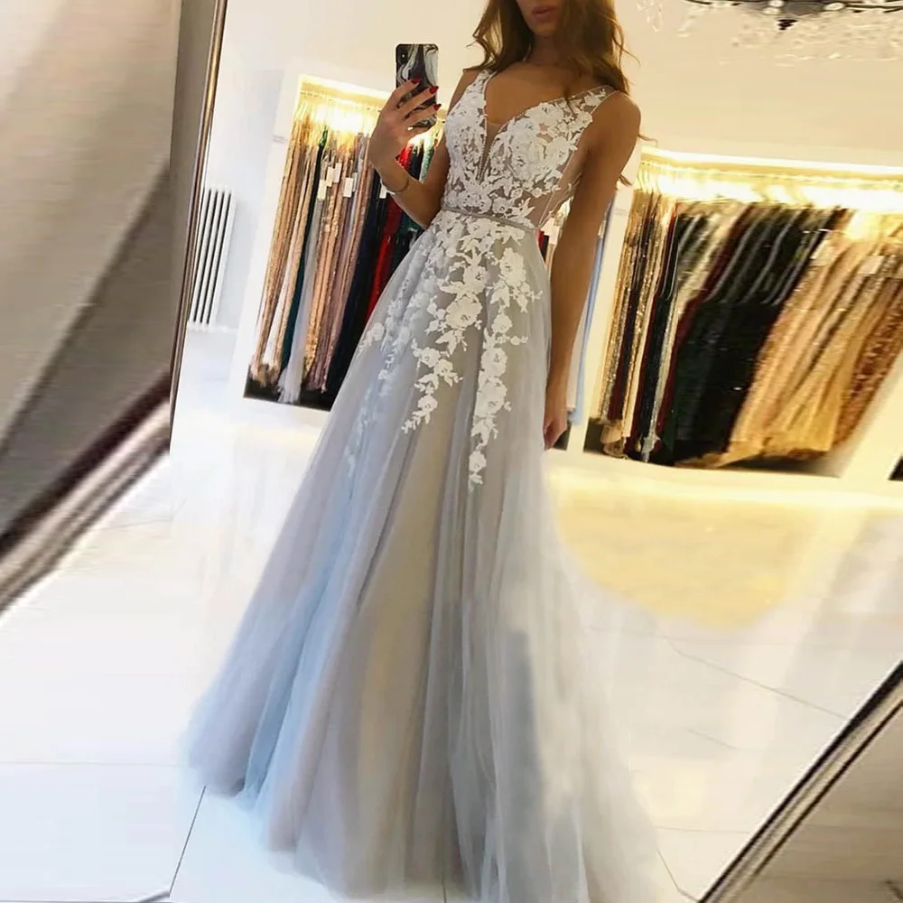 

BEPEITHY V Neck Long Prom Dresses 2021 For Women Sexy Gray Summer Backless White Lace Dubai Evening Party Gown New