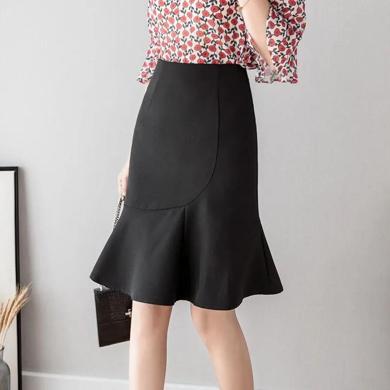 Women Summer Black Skirts 2024 Elegant High Waist Korean Skirt Clothing Fashion Knee Length ruffles Japanese Office Midi Skirt