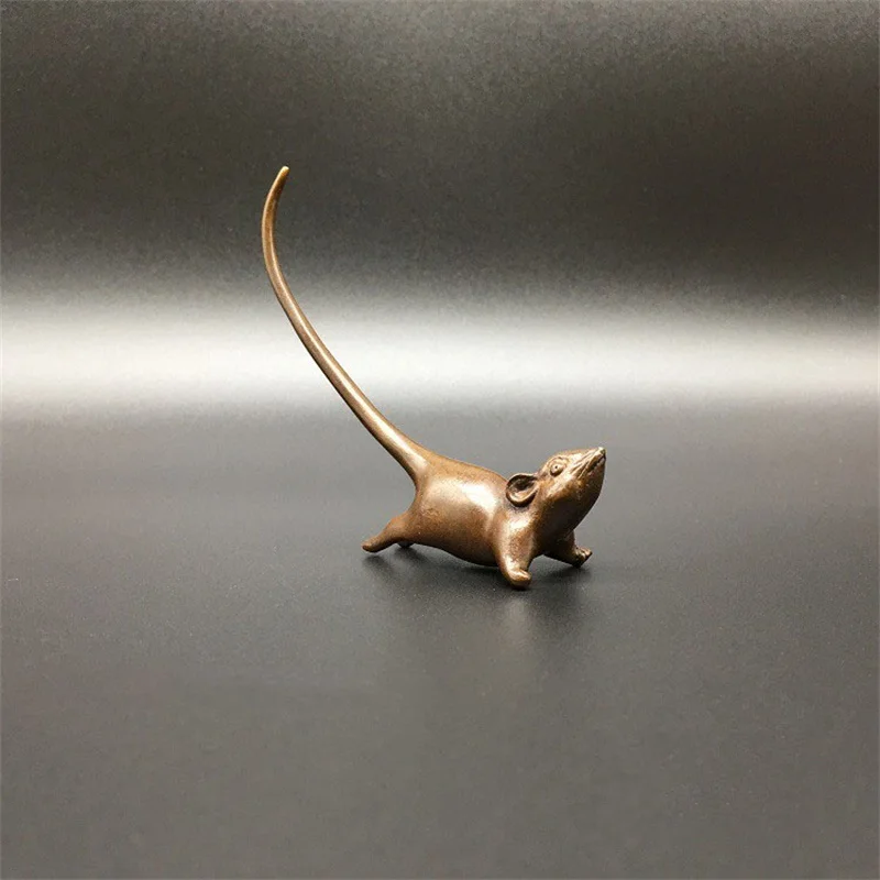 Mini Cute Vintage Brass Solid Long Tail Mouse Statue Incense Sculpture Home Office Desk Decoration Ornament Tea Toy Gift