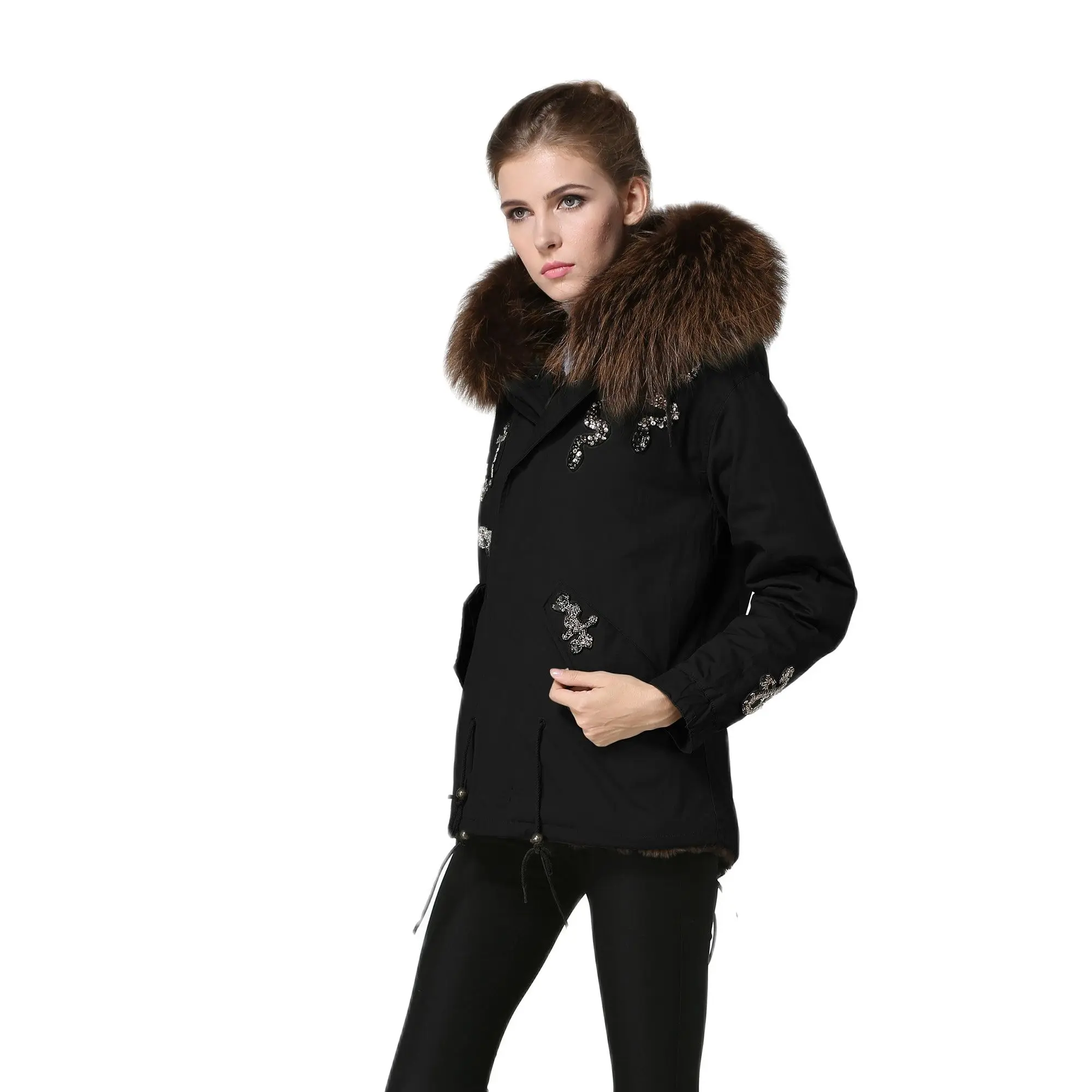 

Modern Clothes Women Short Parka With Faux Fur Lining Bead Ornament Greatcoat