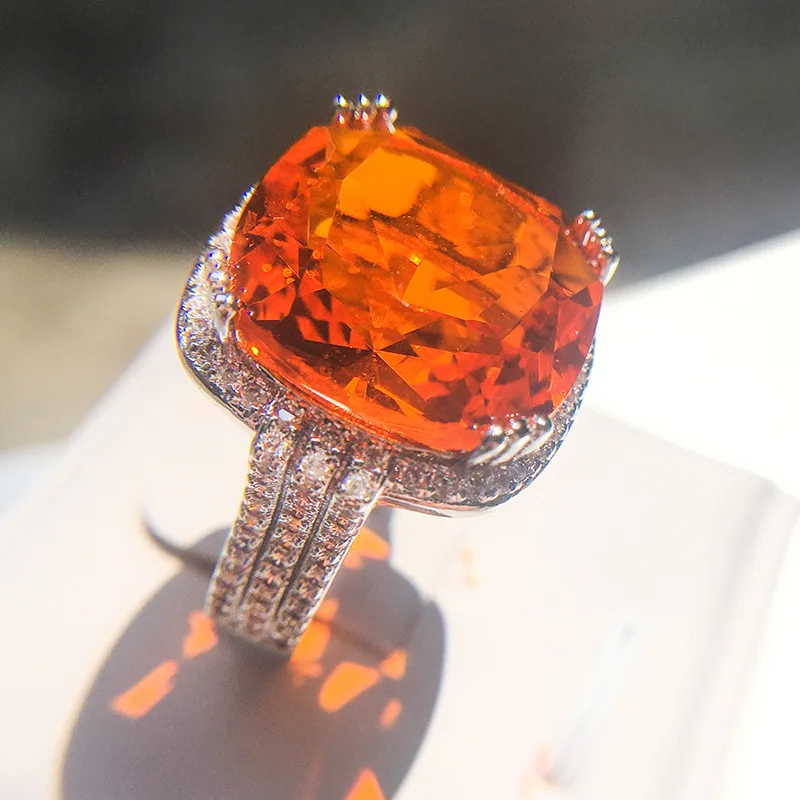 Luxury Square Orange Gem Ring, Bohemian Style Wedding Ring
