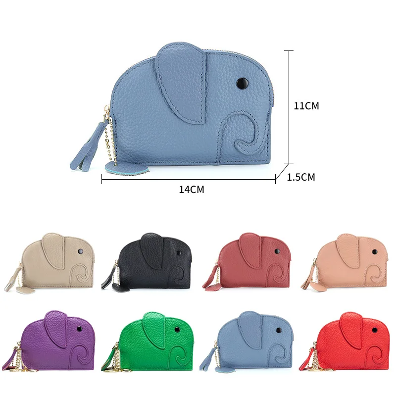 Cute Elephant Coin Purse Mini Lichee Pattern Genuine Leather Shell Zipper Fashion Wallet High Quality Solid Color Leisure New