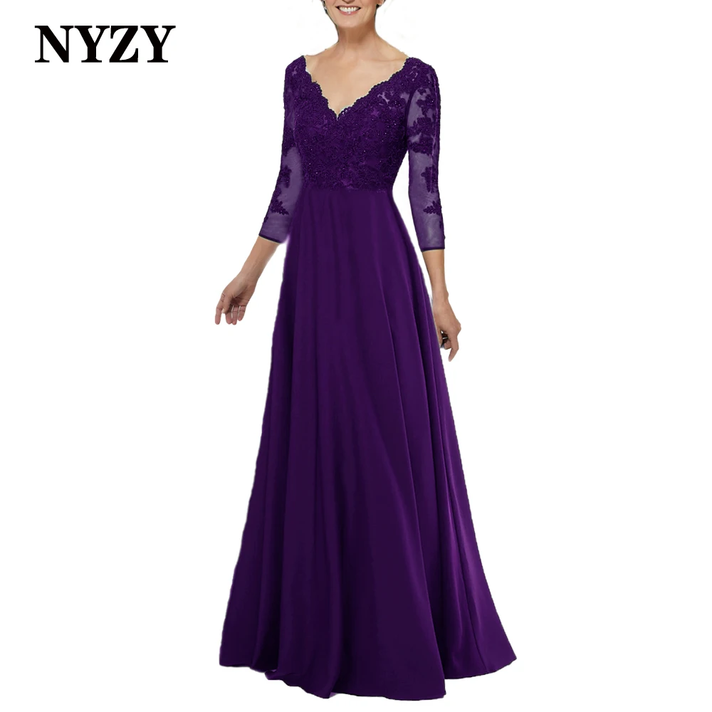 M371 nyzy elegante chiffon frisado renda azul marinho mãe da noiva vestidos 2021 3/4 mangas vestido de festa de casamento vestido de noite