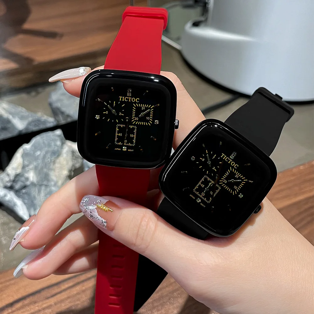 

Japanese Silicone Strap Waterproof Rhinestone Women's Watch Three Eyes Fashion Black Square Quartz Sports Wrist Watch Relogio