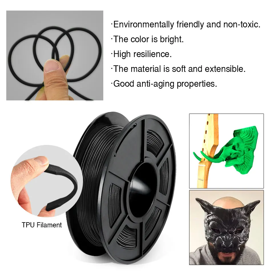 SUNLU 95A TPU Filament 3D Printing 1.75MM 0.5KG Good Flexibility Non-Toxic Good Aging Resistance Odorless Soft Prints Toys Shoes