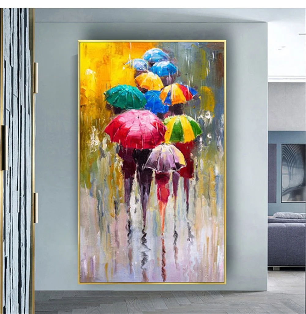 

Abstract Home Decor Art Wall Poster Handpainted Modern Oil Painting Urban Street Scene With People Walking In The Rain Pictures