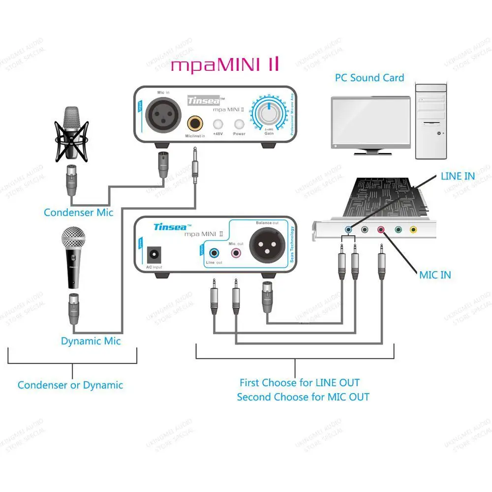 Tinsea mpa MINI2 직업 Mic-pre Amp for livestream 사운드 카드 잔향 가라오케 48V 팬텀 전원 공급 장치 모니터링