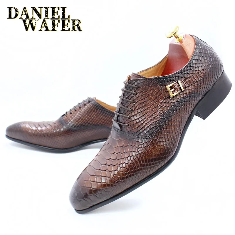 Modische Herren-Lederschuhe mit Schlangenhaut-Aufdruck, klassische Schnürung, Oxford, formell in Wein, Blau, Kaffee, Schwarz – spitze Zehenpartie – Detail 14