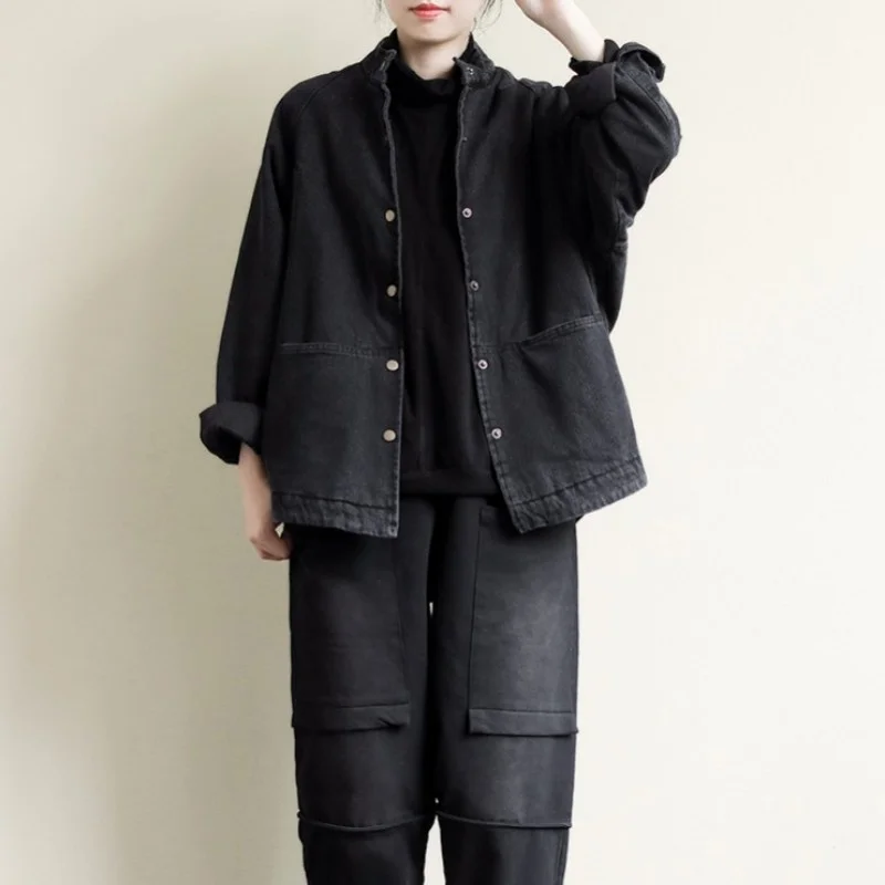 

Style Japan College Sweet Washed Loose Thicken Cotton Denim Coat Female Autumn Winter Black Long Sleeve Cowgirl Jacket M L