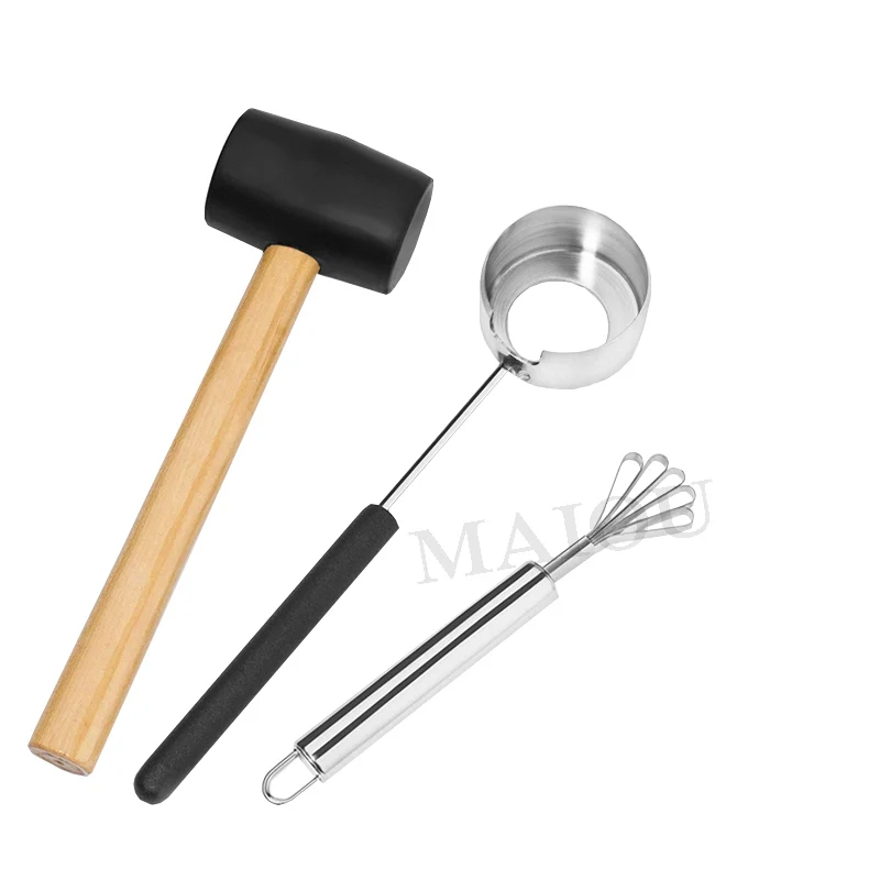 3Pcs/Grade Practical Lightweight Coconut Opener Tool Set Stainless Steel Opener With Wooden Mallet