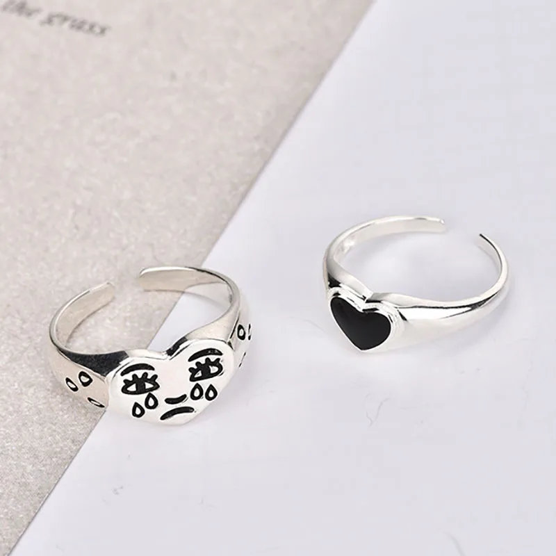 Foxanry Stempel Black Love Heart Ringen Voor Vrouwen Nieuwe Mode Schattige Cartoon Gezicht Thai Zilveren Rock Party Sieraden Geschenken