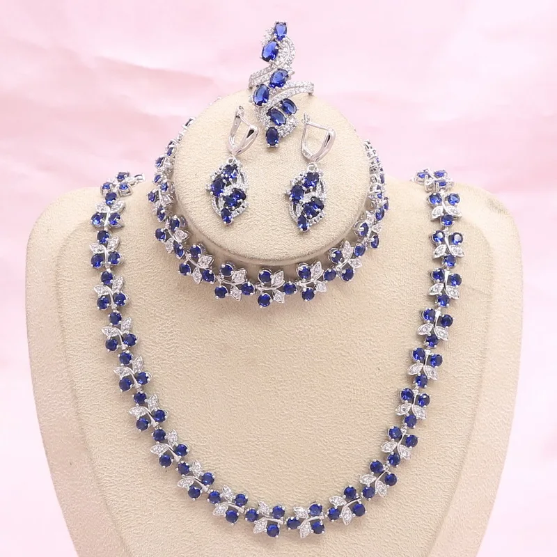 925 Silver Jewelry Sets For Women Blue Sapphire Earrings Bracelet Pendant Necklace Ring Wedding Jewelry