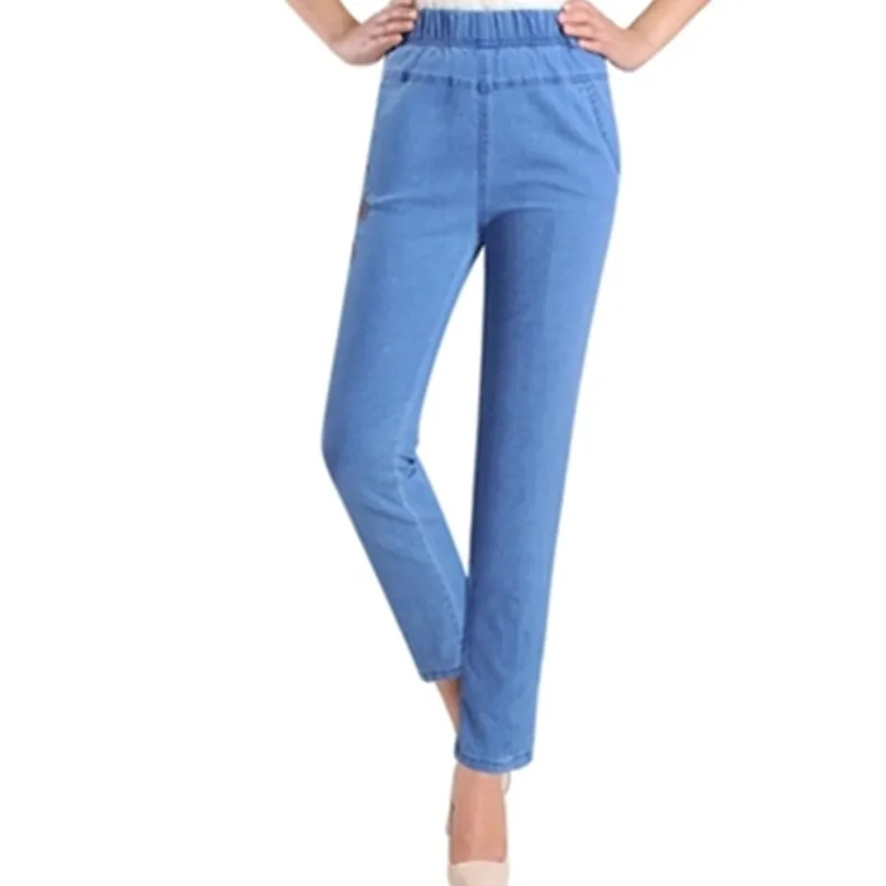 Middle-aged and old stretch high waist nine points jeans female summer thin section straight mother casual pants A101