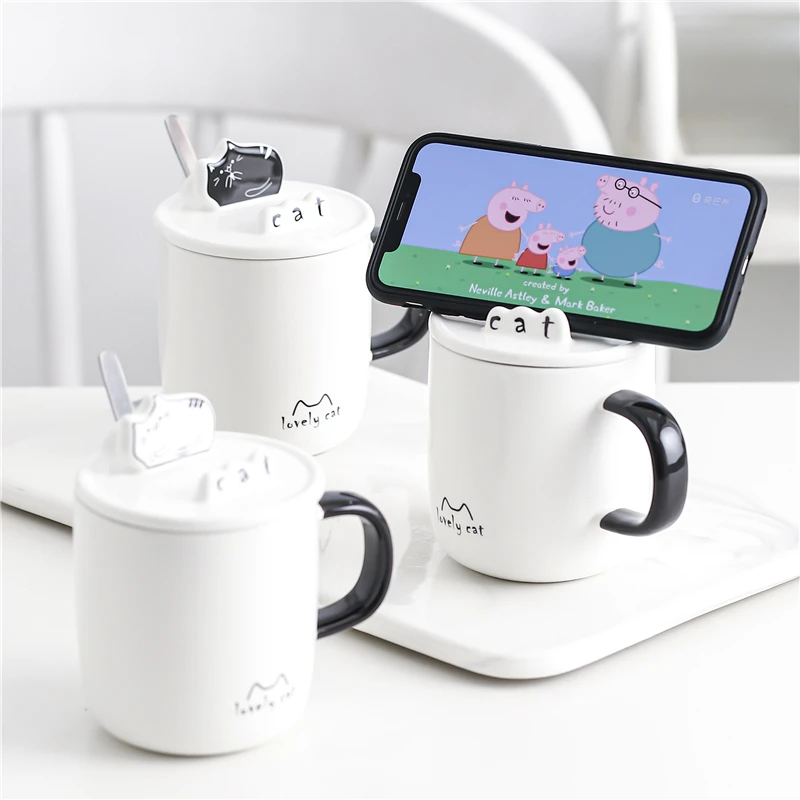 

Creative Cat Mobile Phone Holder Ceramic Cup Creative Personality Cute Girl Mug with Lid Spoon Couple Coffee Cup