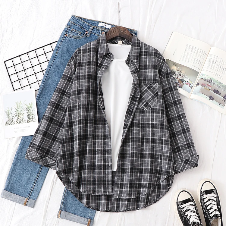 2024 New Cotton Plaid Shirts Women Casual Loose Tops And Blouses Ladies Long Sleeve Large Size One Pocket Blouse Blusas