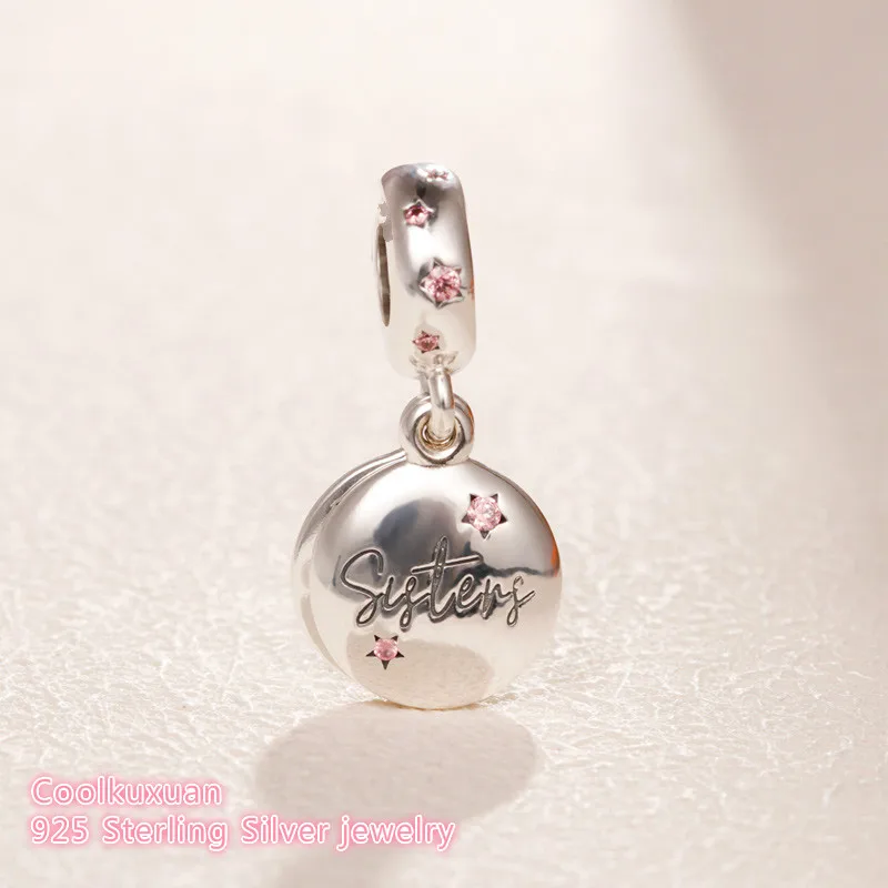 

Mother's Day 100% 925 Sterling Silver Forever Sisters Dangle Charm Pink CZ beads Fits Original Pandora bracelets Jewelry