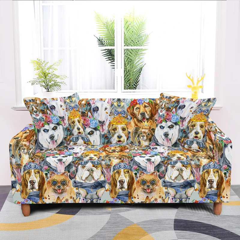 Elastic 1/2/3/4 Seater Sofa Covers Cartoon Dogs Printing Anti-dirty Couch Cover For Living Room Hotel All-cover Slipcovers