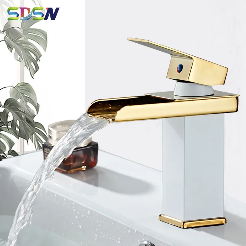 

White Gold Waterfall Basin Faucets SDSN Quality Brass Square Basin Sink Faucets Deck Mounted Hot Cold Square Waterfall Mixer Tap