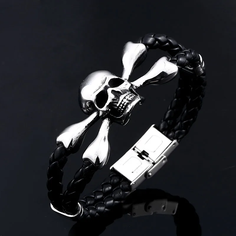 BEIER Punk style Wholesale Drop Ship Man\'s High Quality Genes Skull Leather Bracelet  Bangle For Man BC-L023