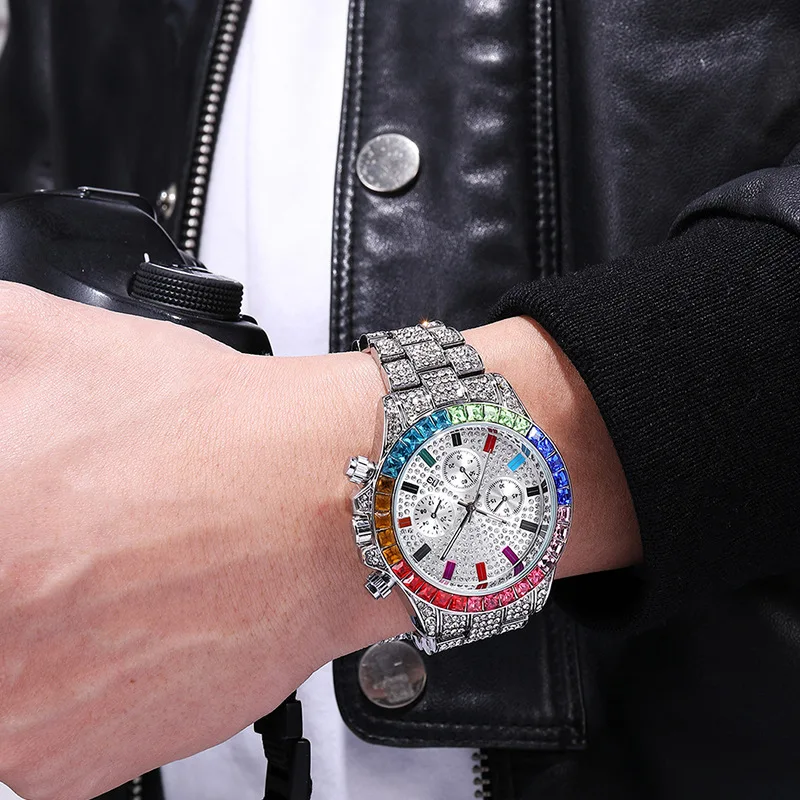 Orologio con diamanti colorati Top Brand per uomo orologio da polso al quarzo Hip-Hop di lusso ghiacciato di lusso orologio da uomo Relogio