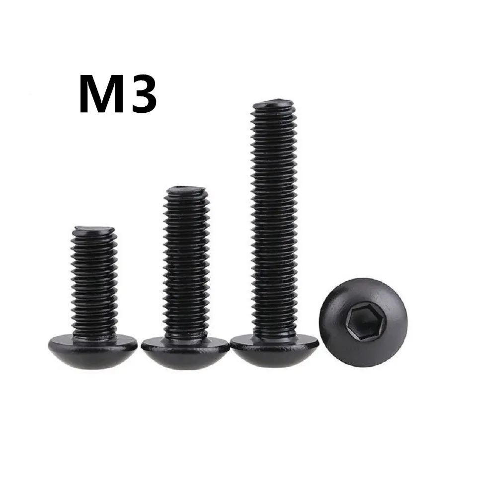 

1000/500PCS M3x4/5/6/7/50mm GB70.2 Black 304 Stainless Steel Round Head Screws Mushroom Hexagon Socket Button Head Screw ISO7380