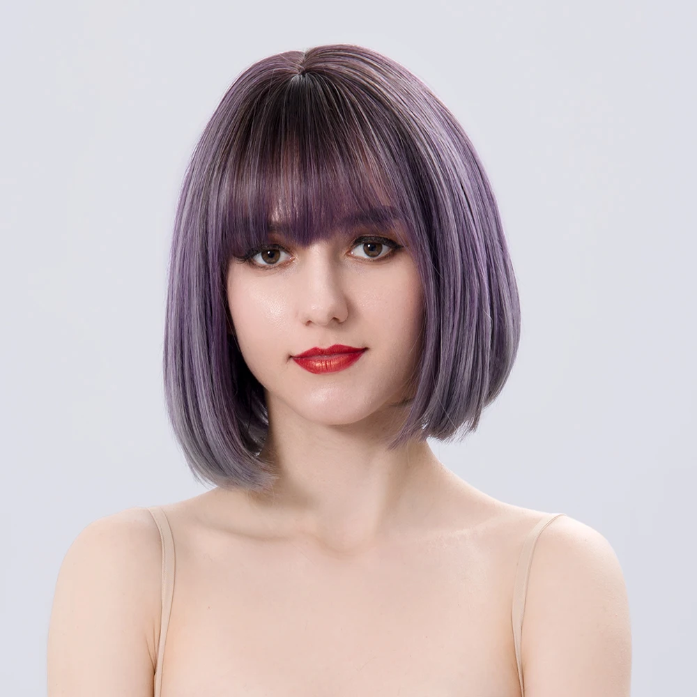 Short Purple Straight Ombre Cosplay Nutural  Synthetic Wigs With Bangs For White Women Daily Heat Resistant Female Fiber Bob Wig