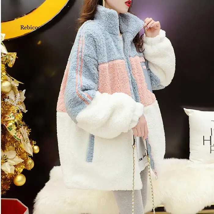 Female Casual Loose Long Sleeve OuterwearWinter New Warm Plush Furry Women Jackets Fashion Patchwork Zipper Pocket Hooded Coats