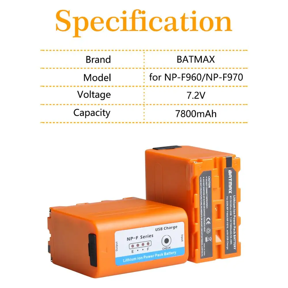 Batmax 2Pcs USB Output 7800mAh NP-F960 NP-F970 F950 Battery for Sony DCR-VX2100, DSR-PD150, DSR-PD170, FDR-AX1, HDR-AX2000, HDR-