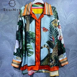 SEQINYY Sicily Shirt Summer Spring New Fashion Design Women Runway Vintage Animals Green Leaf Print High Street Loose Holiday