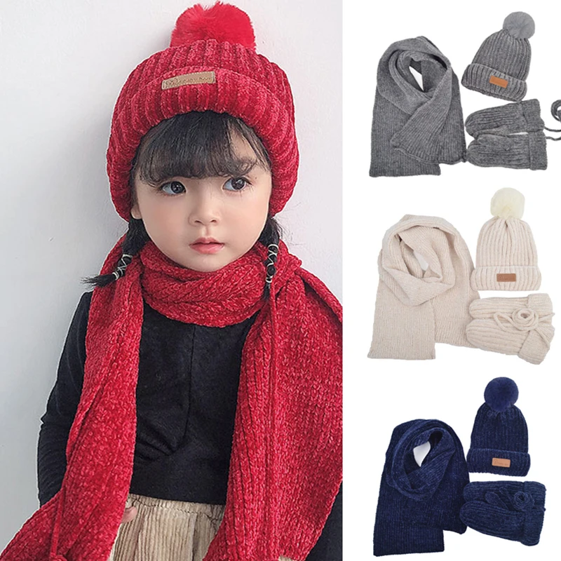 3 PCS Plush Scarf Hat Glove Set For Kid Winter Thicken Cold-Proof Hat Scarves Flocking Warm Gloves Scarves Boy Girls Scarf Set