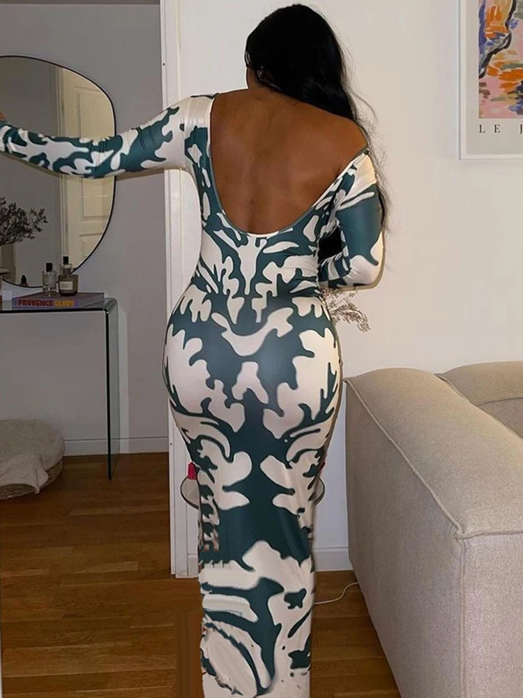 Sibybo Long Sleeve Backless Sexy Print Dress 2021 Autumn Women O-Neck Bodycon Maxi Dresses Femme Camouflage Night Party Outfits