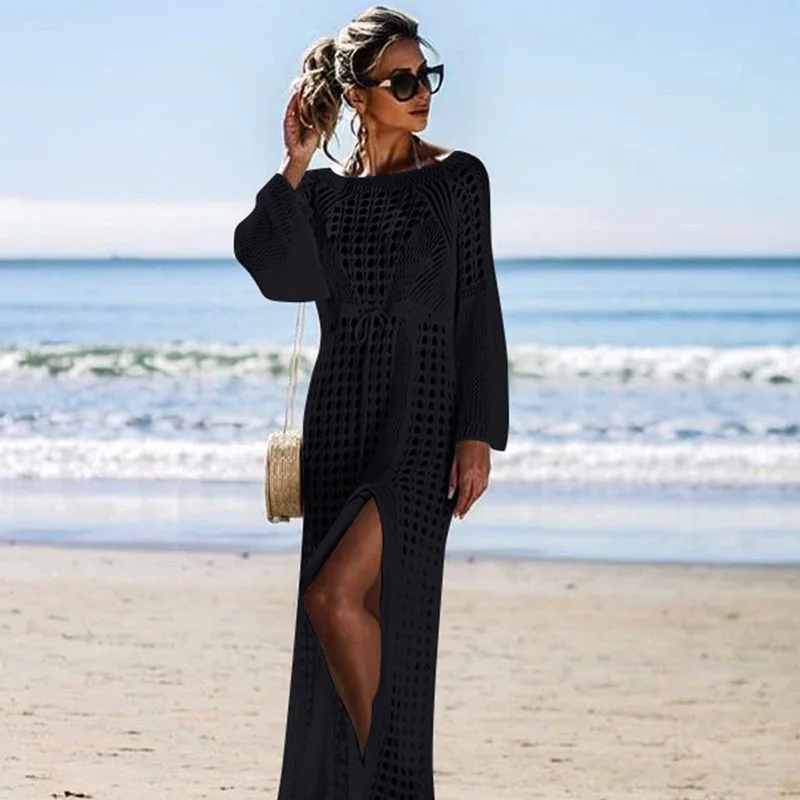 2021 Knitted Beach Dress Beach Cover up Crochet Tunic Beach Pareo Beach Praia Cover Salida de Playa Beachwear Cover up