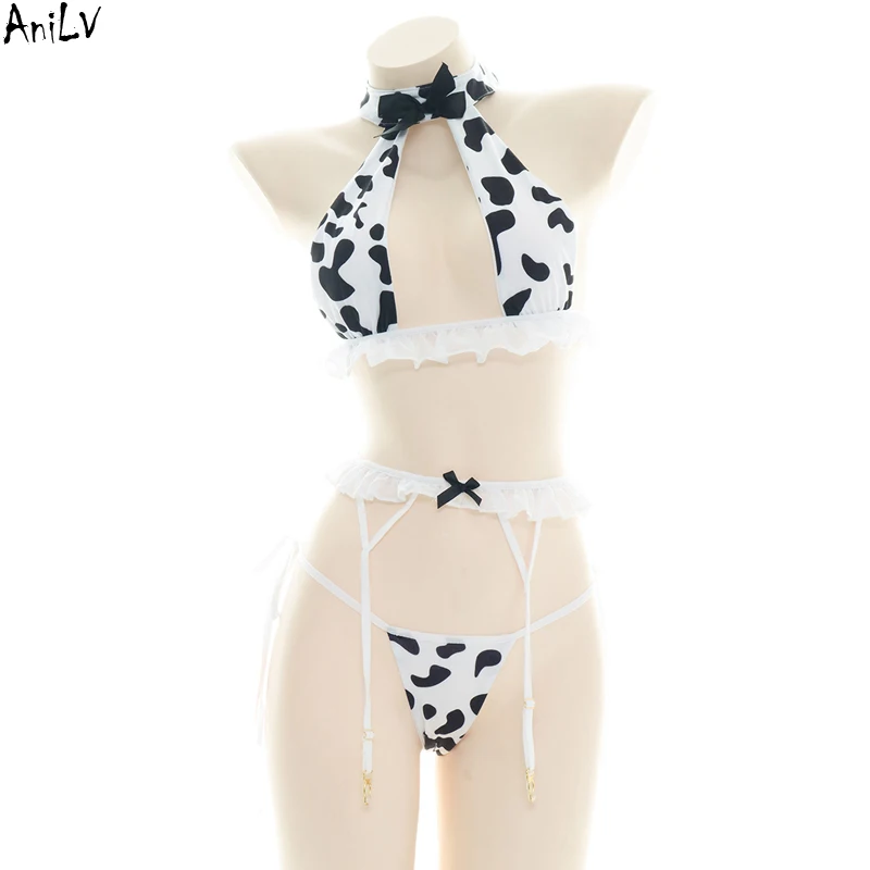 

AniLV Kawaii Girl Halter Pajamas With Garter Belt Lingerie Costume Anime Cartoon Cute Cow Swimsuit Uniform Set Cosplay