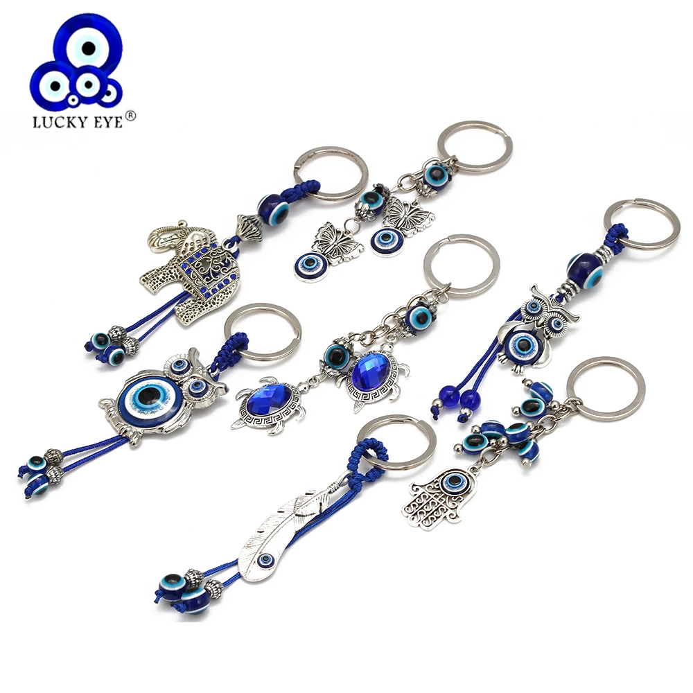 Lucky Eye Butterfly Elephant Owl Fatima Hand Evil Eye Pendant Keychain Keyring Silver Color Key Chain Holder for Women Men BE39