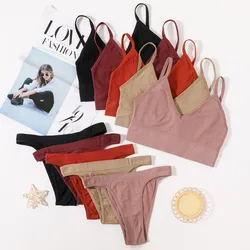 Seamless Bra Set Women U Back Bra Crop Top Brazilian Panties Sexy Lingerie Set Fitness Underwear Ribbed Tops Low Back Bralette