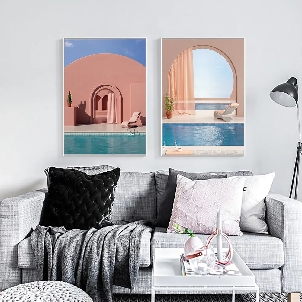 

Modern Pool and Door Canvas Paintings Cold Morandi Color Posters Print Wall Art Pictures for Living Room Home Decor