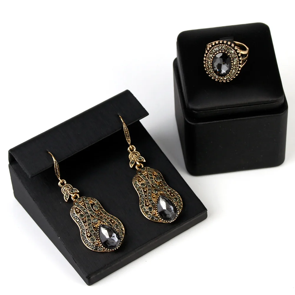 Sunspicems 2020 Vintage Turkish Earring Ring for Women Antique Gold Color Bohemia Grey Crystal Jewelry Set Indian Bridal Gift