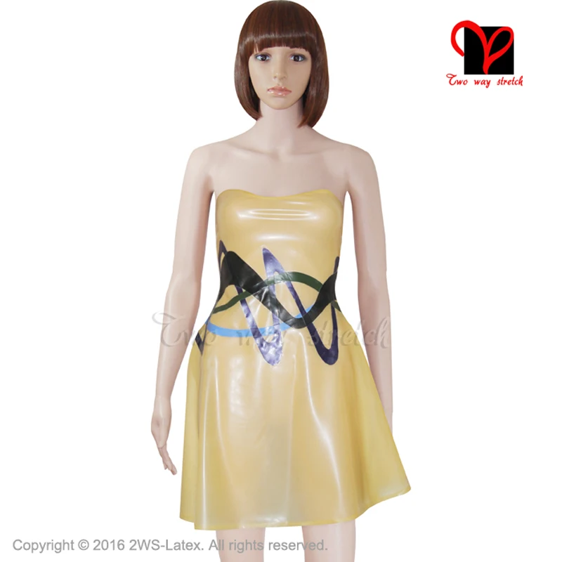 

Latex Yellow Skater Dress Rubber swing frill bottom Bandeau Bodycon Miniskirt Strapless Playsuit gown plus size XXXL QZ-008