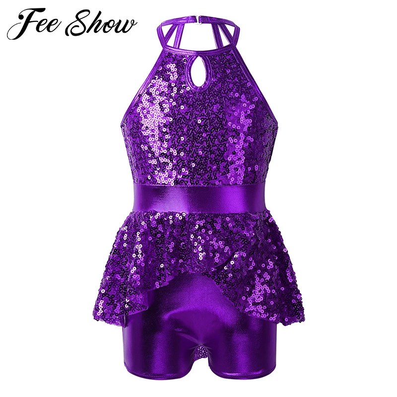 Kids Girls Sequins Caged Back Ballet Dance Costume Shorty Unitard Dress for Jazz Lyrical Contemporary Figure Skating Dance Wear