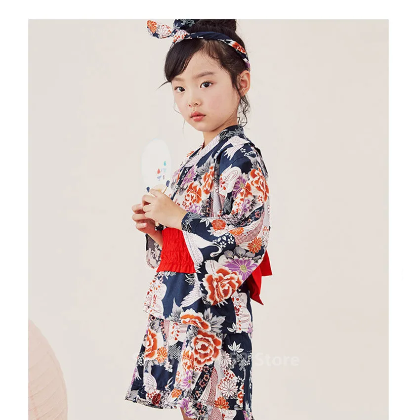 80-140CM Newborn Baby Oriental Japanese Costume Gril Sakura Kimono Dress Kids Luxury Yukata Haori Birthday Fan New Year Clothes