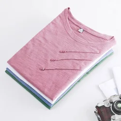 Short Sleeve Summer Women Ribbed Cotton Tee-Shirts Female Button Loose Casual Fashion T-Shirts 2023 Blue O-Neck Korea Tops S-3XL