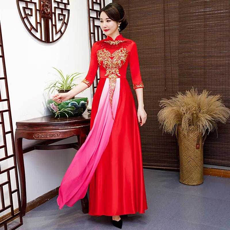 

New Women Elegant Satin Silk Qipao Wedding Evening Party Stage Show Dress Chinese Traditional Sequins Cheongsam Novelty