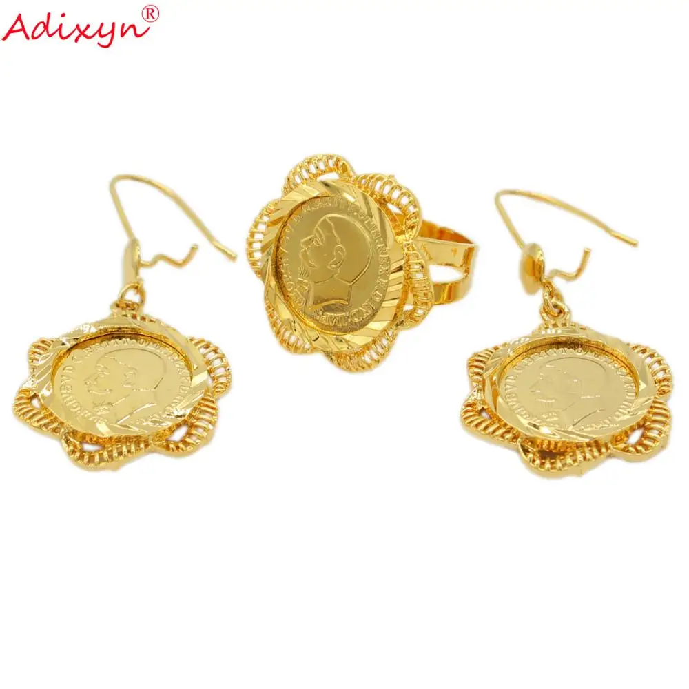 Adixyn Trendy Gold Color Coins Bracelet Necklace Earrings Ring Jewelry SET for women Bridal wedding jewelry Gifts N10093