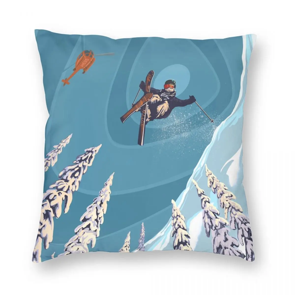 Retro Ski Jumper Heli Ski Poster Art Pillowcase Polyester Linen Velvet Printed Zip Throw Pillow Case Room Cushion Case