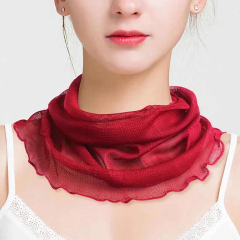 Fashion Female 100% Silk knit False Collar Sun Protection Pullover Summer Solid Color Double Ruffle Elastic Neck Guard Scarf P19