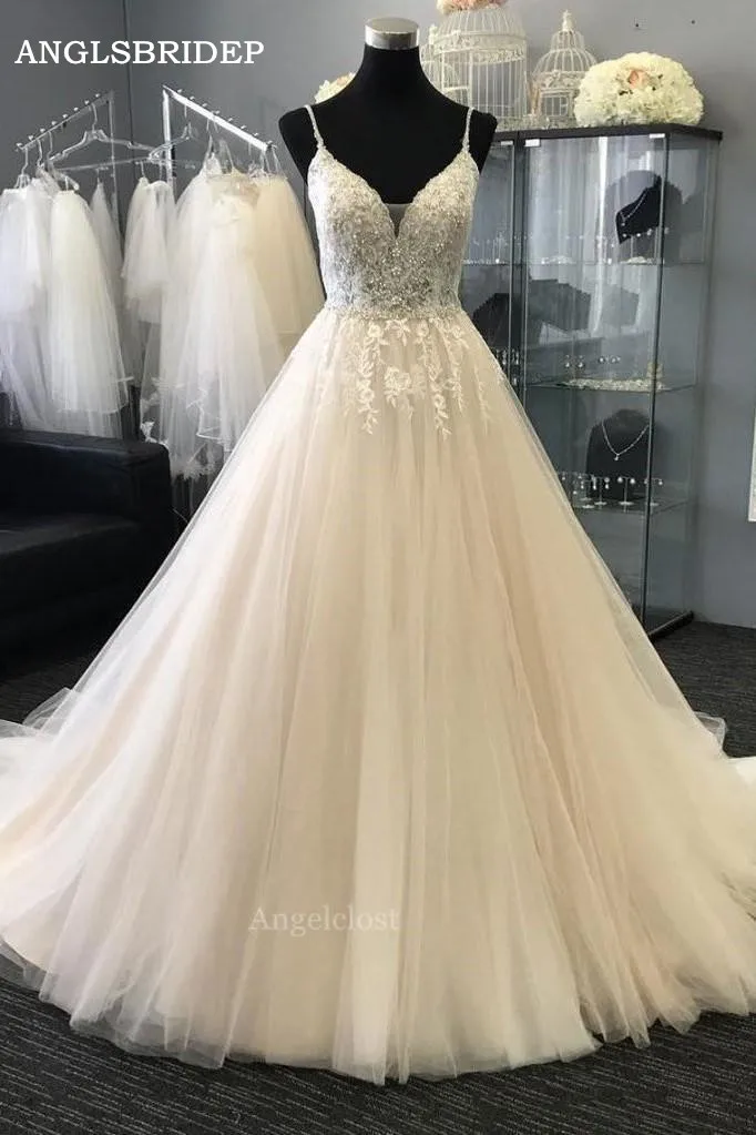 

ANGELSBRIDEP Spaghetti Straps V-Neck Tulle Wedding Dresses Vestido De Noiva Appliques Floor-length Bridal Gown Bride Dresses